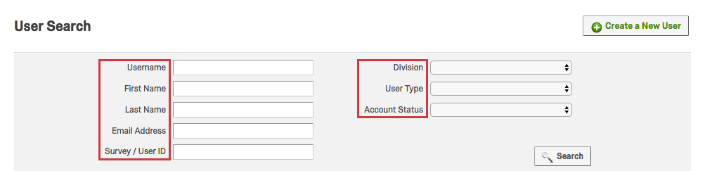 Diverses options de recherche dans la section Recherche d’utilisateur, y compris Nom d’utilisateur et Nom de famille