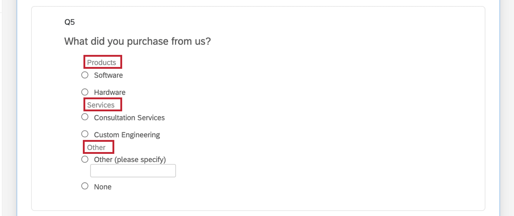 choice groups visible in the survey editor