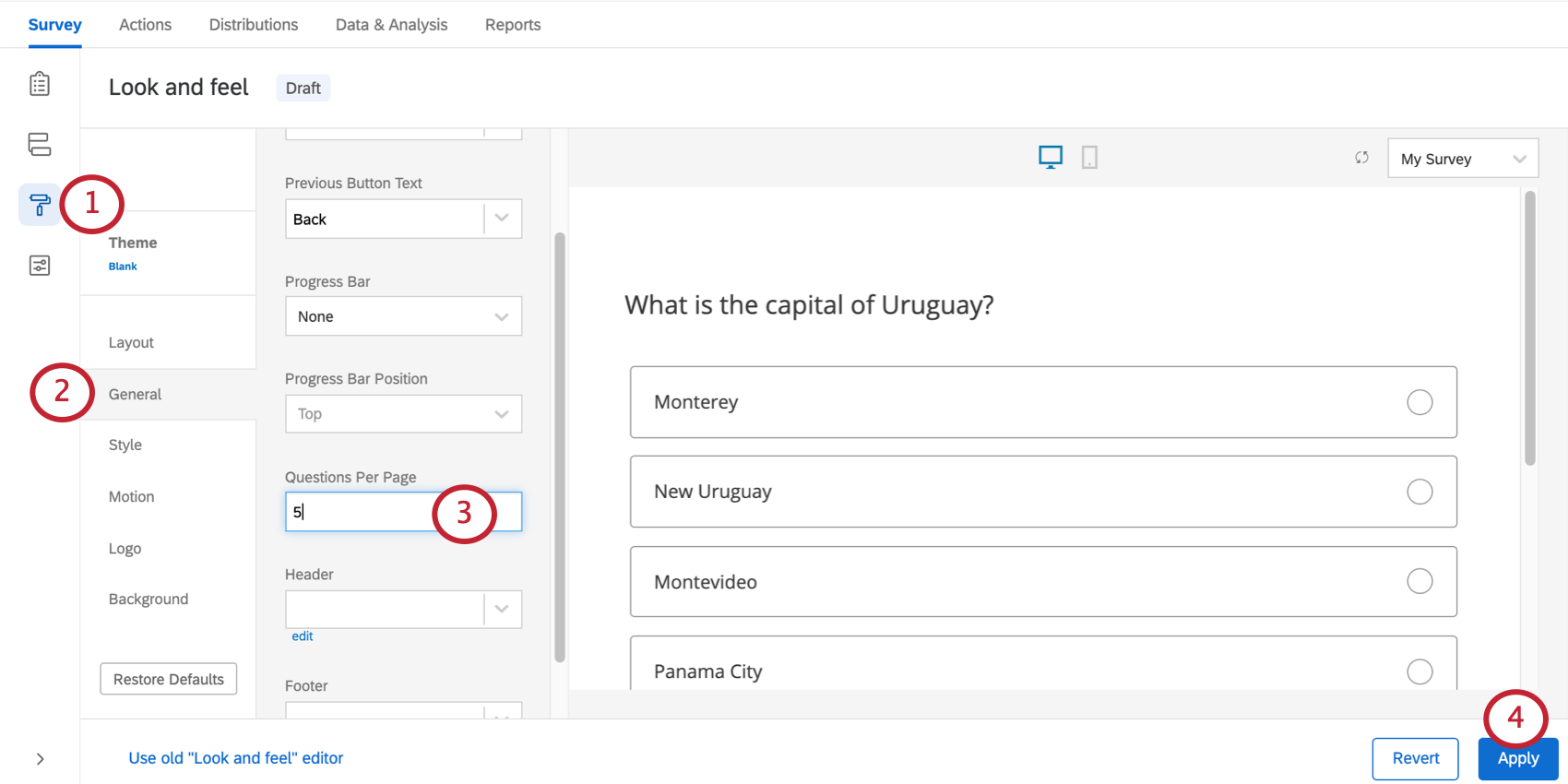 General tab of the look & feel menu. The questions per page option is highlighted and a number is entered into the option