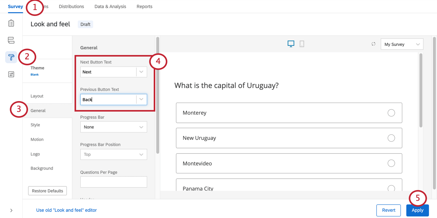 The look & feel menu option highlighted, the general tab in the look & feel menu. The next and previous button text options are highlighted.