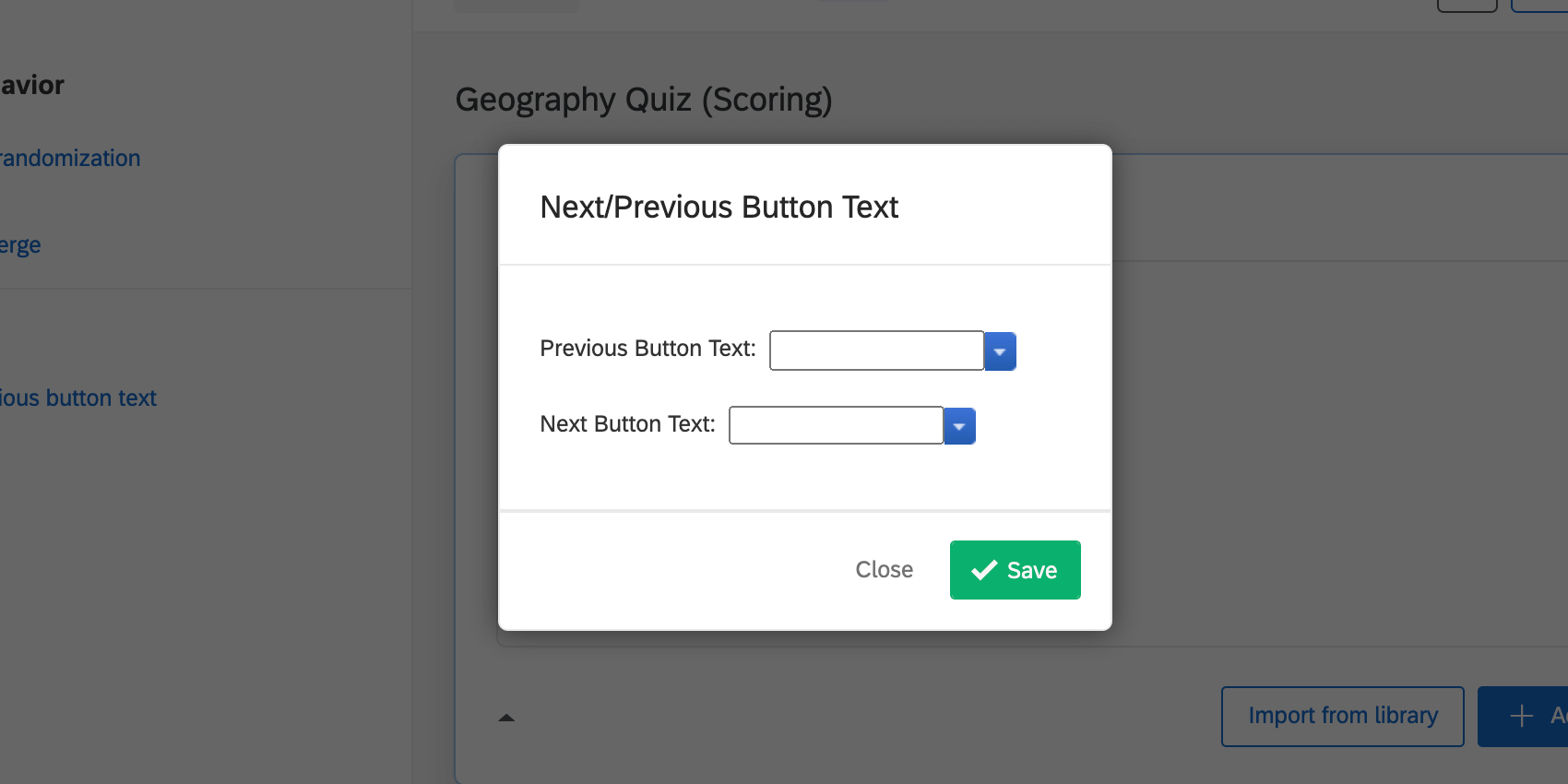 image of the next/previous button text editor when editing them from Block Options. The blue arrow for uploading a library message to the fields is highlighted.