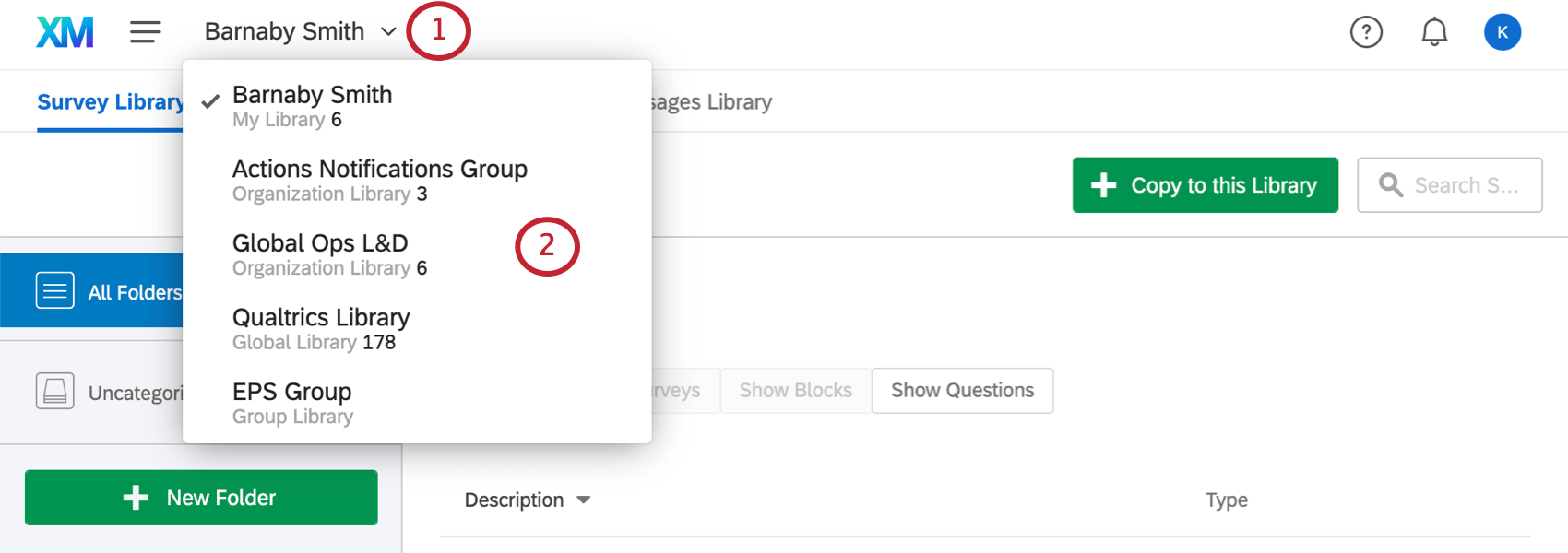 Personal and Group Libraries dropdown in top-left corner of Library Page