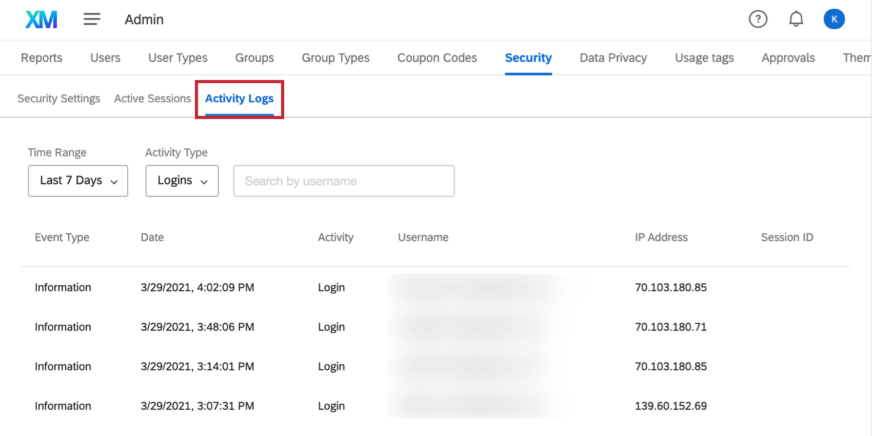 Activity Logs section of the Security tab
