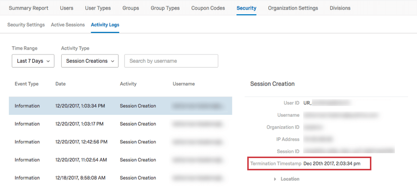 Selecting a session creation and opening a menu to the right