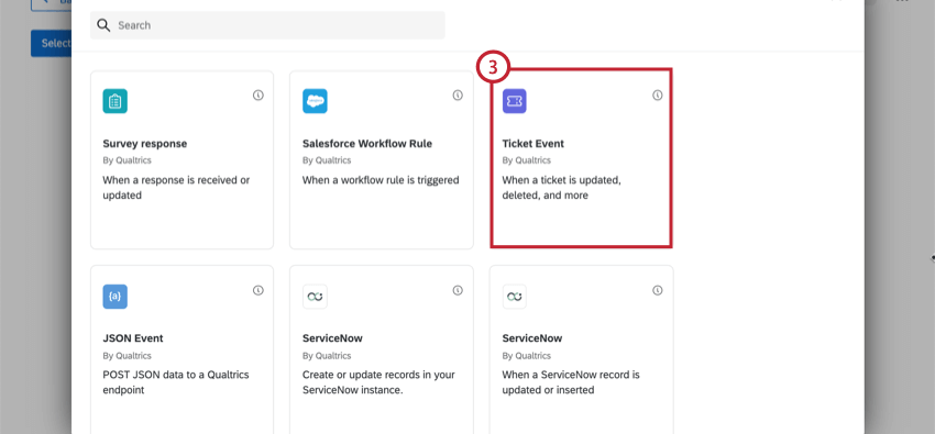 sélection de lévénement de ticket dans la fenêtre de lévénement