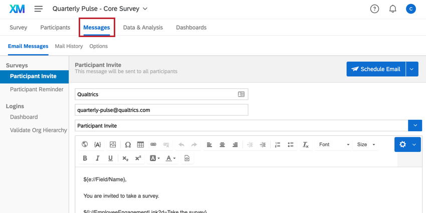 the messages tab of the pulse project