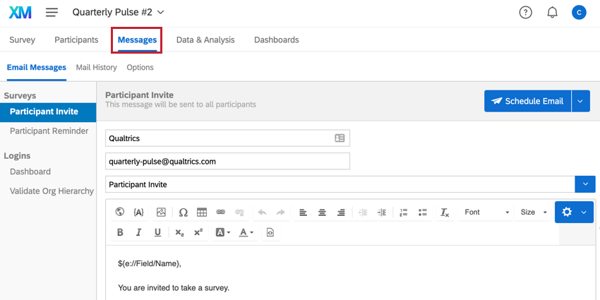 the messages tab of the pulse project