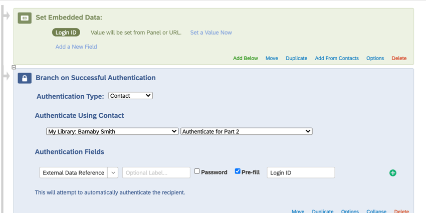 Eingebettetes Datenelement für die Anmelde-ID vor dem Authentifizierer im Umfragenverlauf