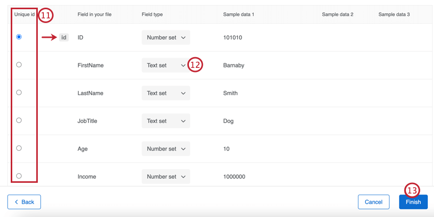 selecting the unique id field, changing the field types, and clicking finish