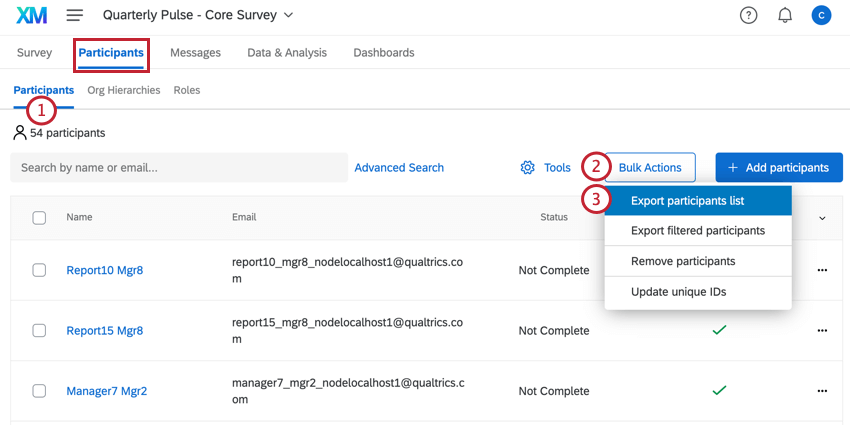 in the participants tab of the original pulse, clicking bulk actions and then export participants list