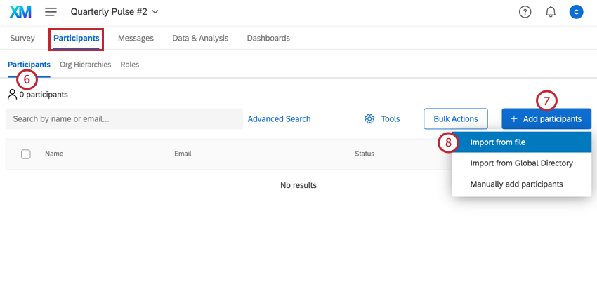 in the participants tab of the new pulse, clicking add participants and then import from file