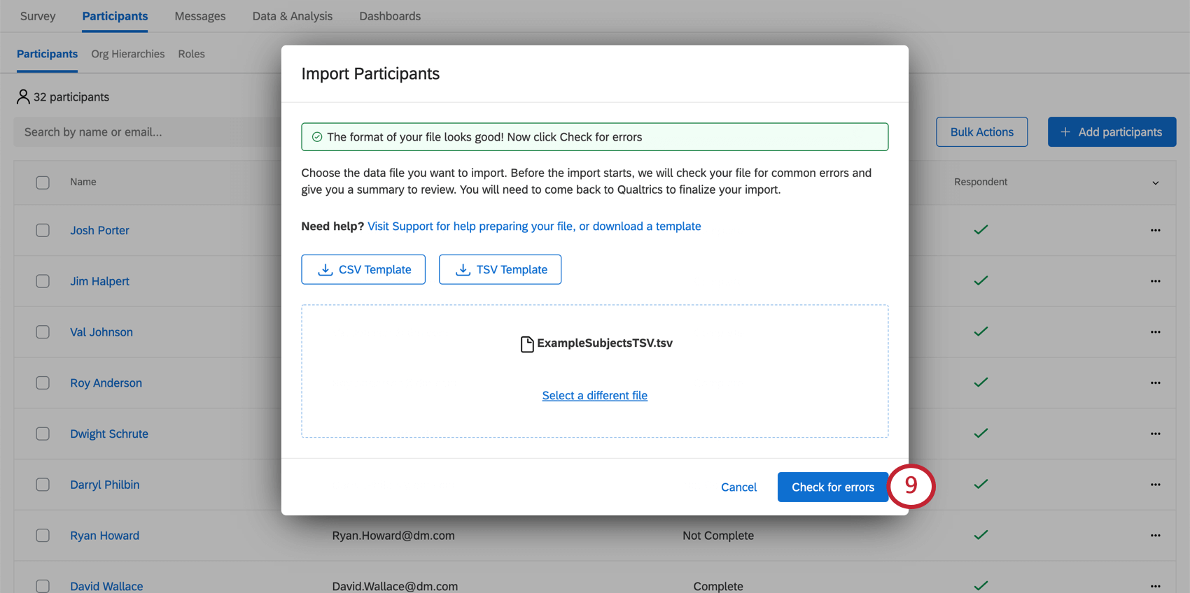 ファイルにエラーがない旨のメッセージが緑で表示され、［エラーのチェック］ボタンが青色に変わり、クリックできるようになる