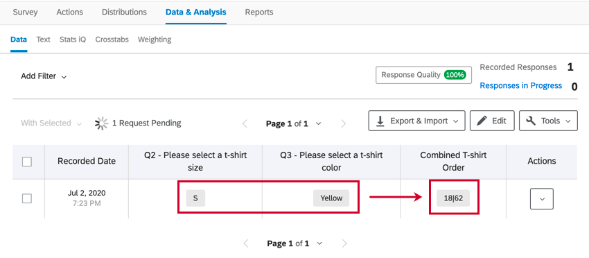 two variables have been combined in data & analysis. the combined variable uses the recode values of the original fields
