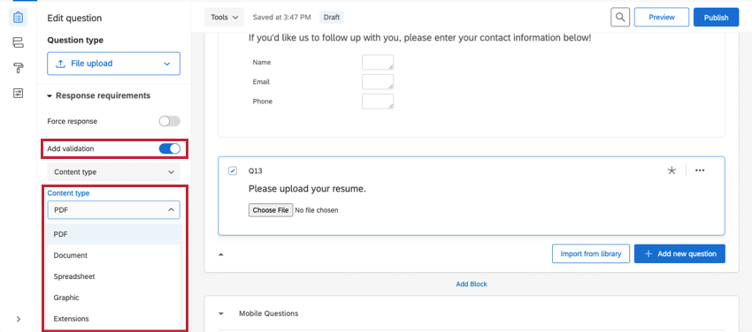 Options de validation pour la question avec téléchargement de fichier sur le côté gauche de lécran