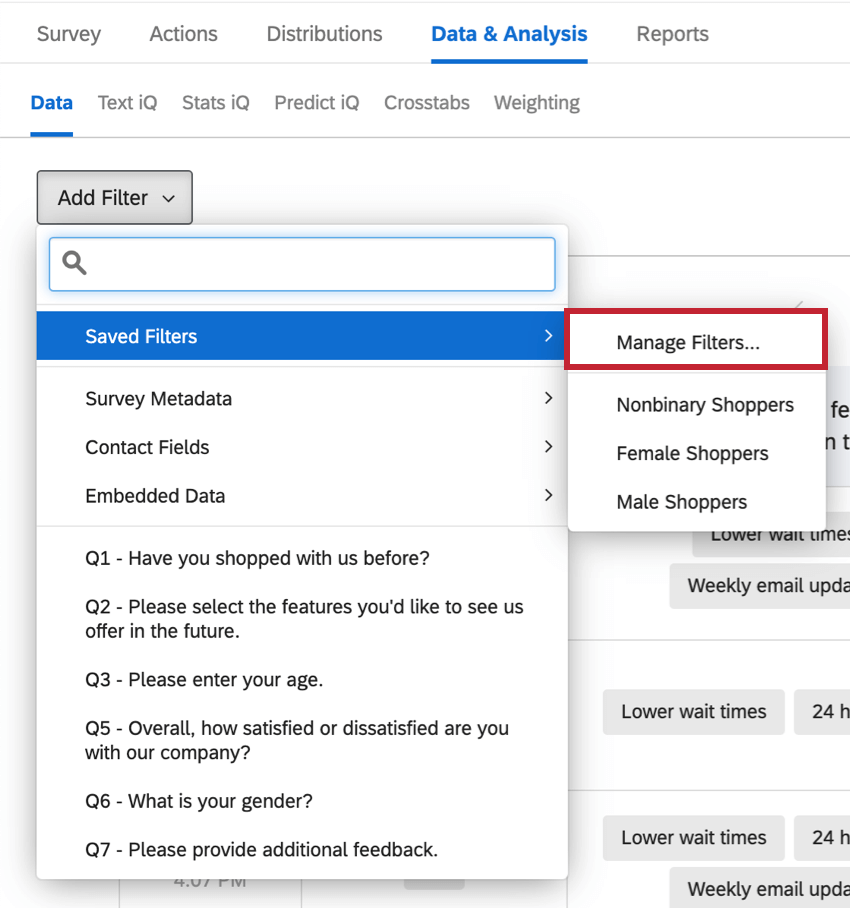Dropdown-Menü „Gespeicherte Filter“ mit Option „Filter verwalten“ über Filterliste