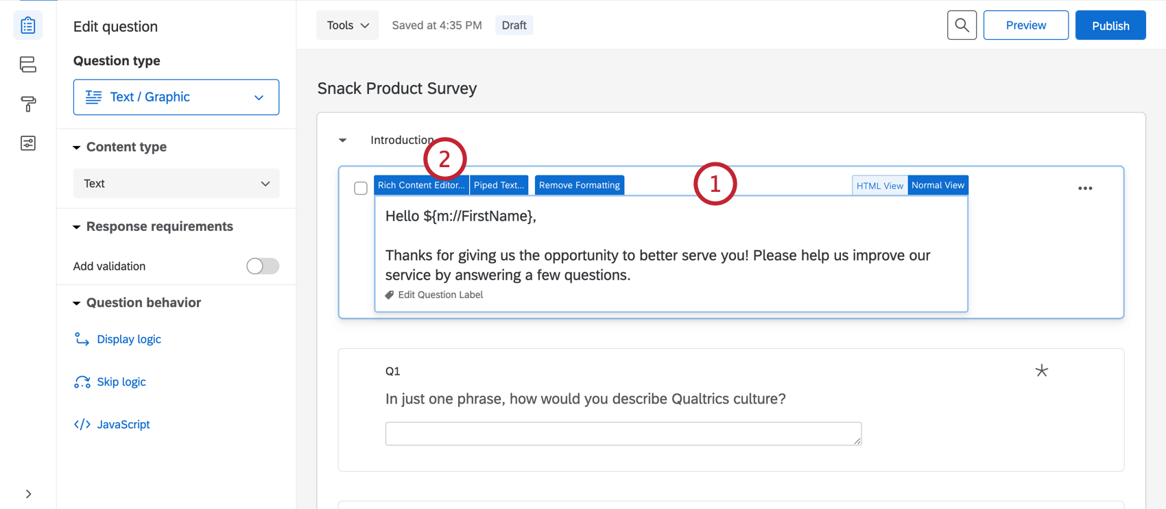 Opening the question text editor in the survey; clicking on the rich text editor