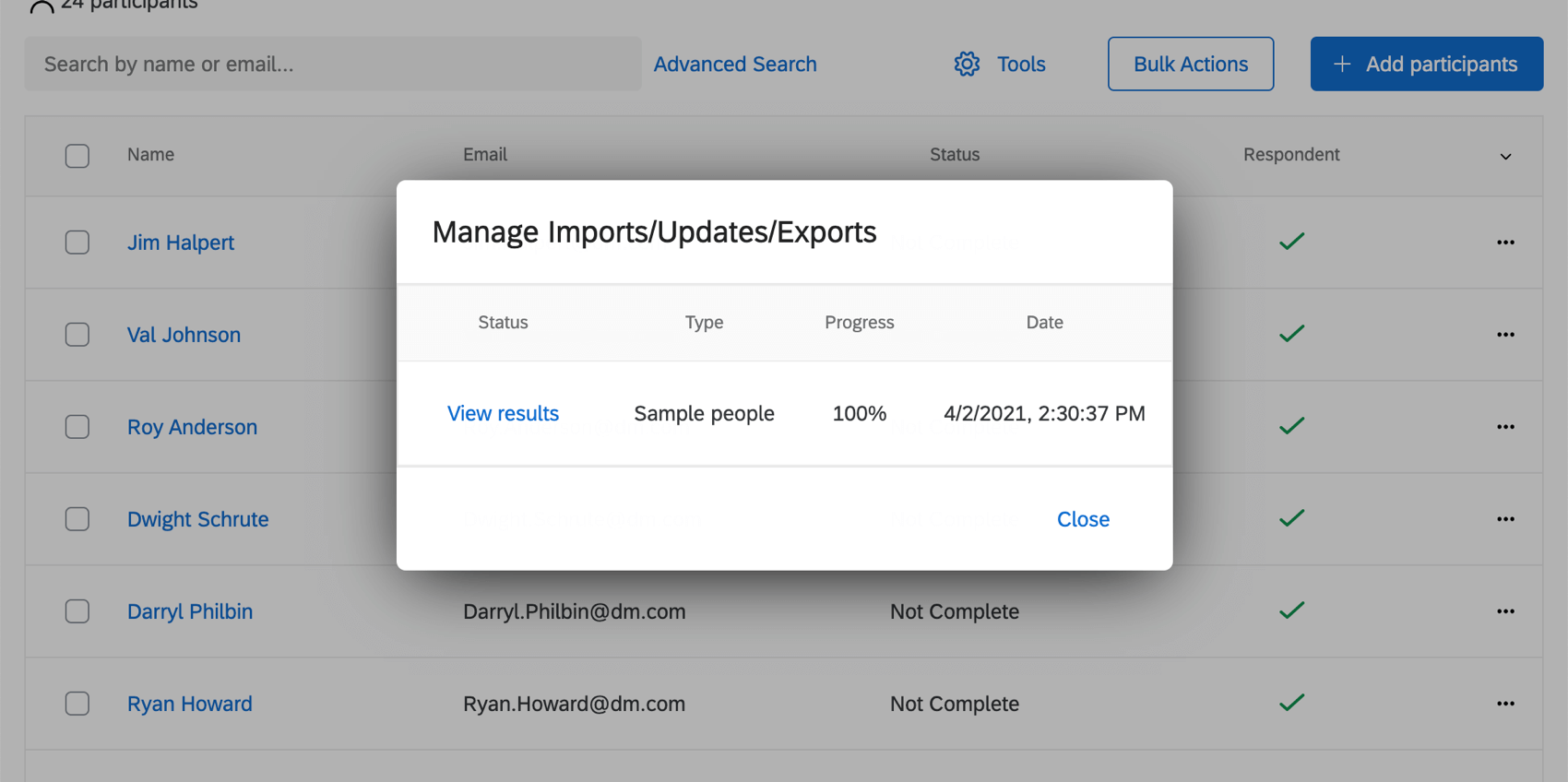 Importe und Updates im Fenster „Vorherige Importe/Updates verwalten“