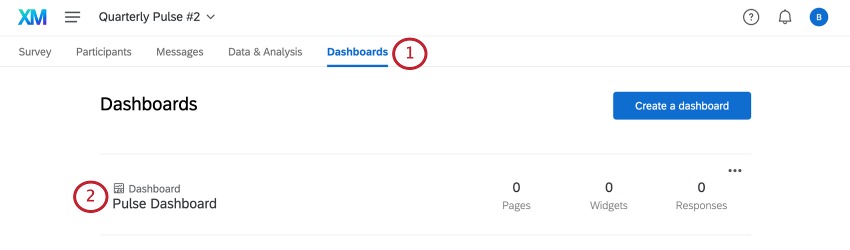 the dashboards tab; selecting an existing dashboard