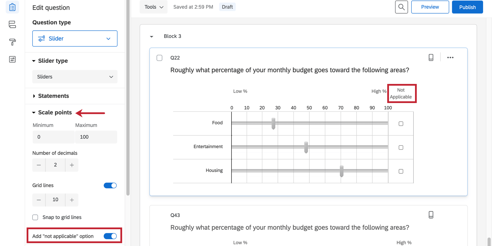 not applicable is selected, so a column show sup next to the sliders with a checkbox
