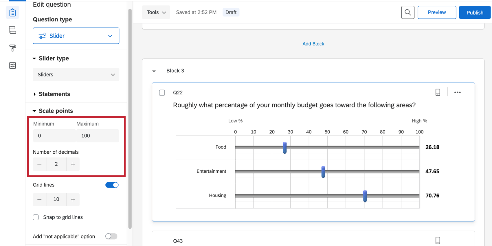 Min, max, and grid lines settings in the question editing pane