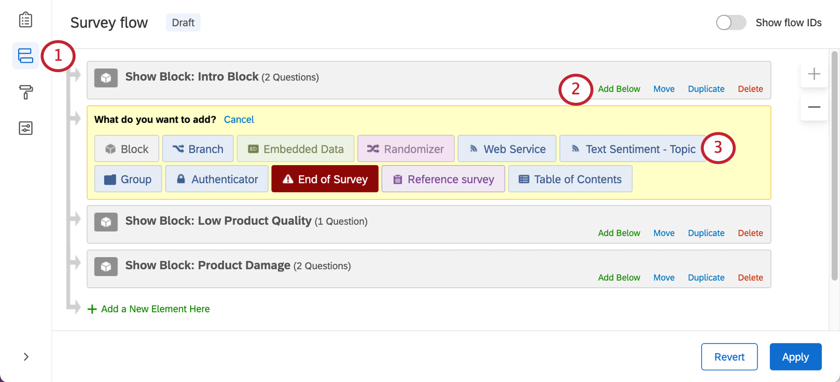 Survey Flow with add element menu in yellow opened