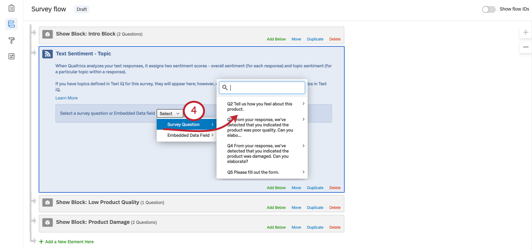 Élément Text iQ bleu avec liste déroulante pour une question