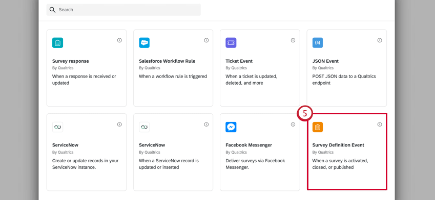 choosing the survey definition event in the event selection window