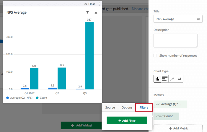 Filters tab in a widget