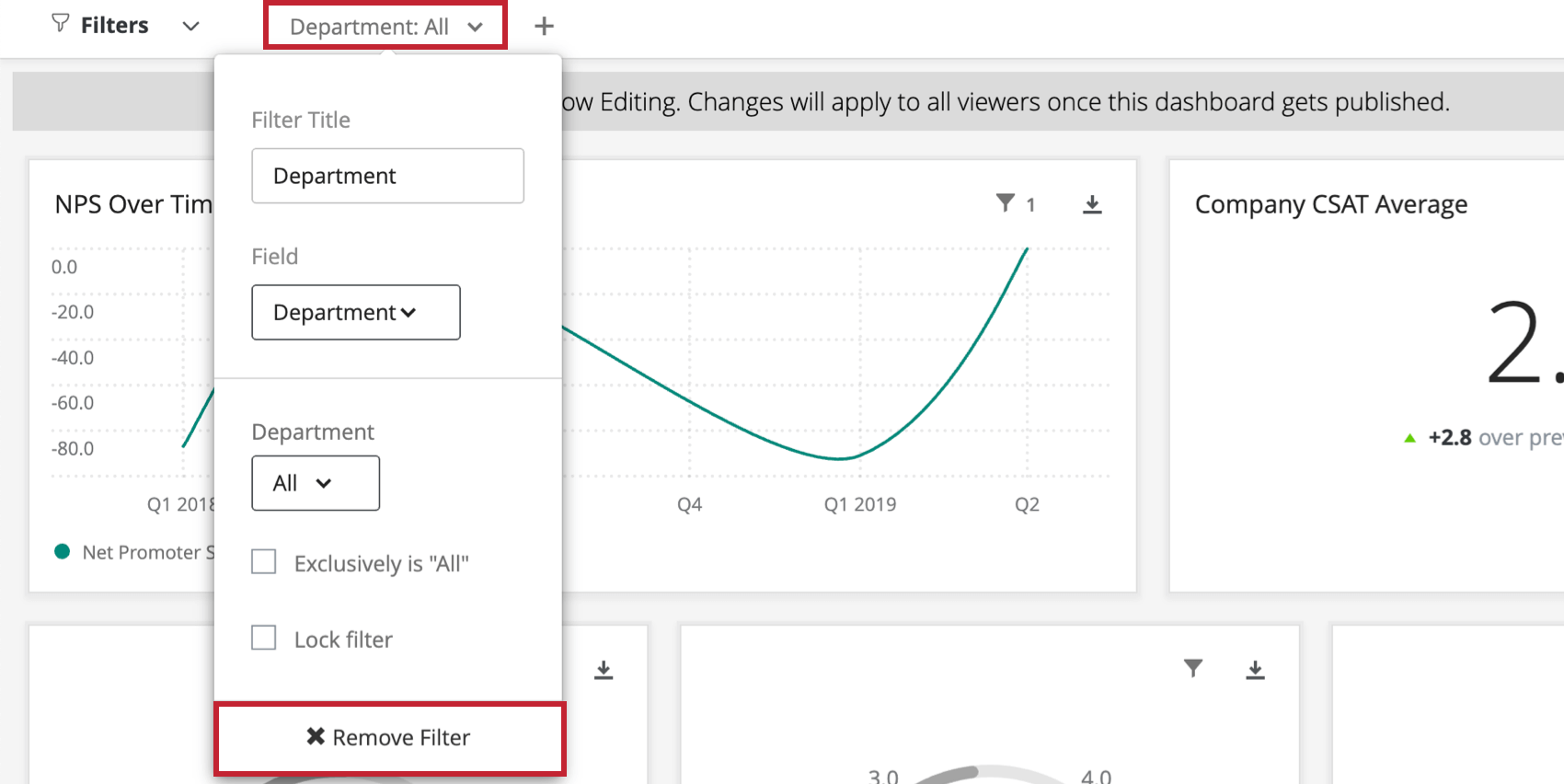 "Filtering By" menu, remove filter button at bottom
