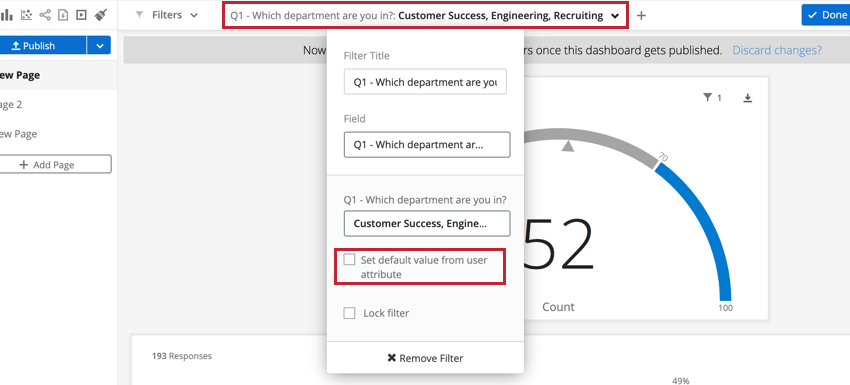 a dashboard filter is being edited and the set default value from user attributes option is selected