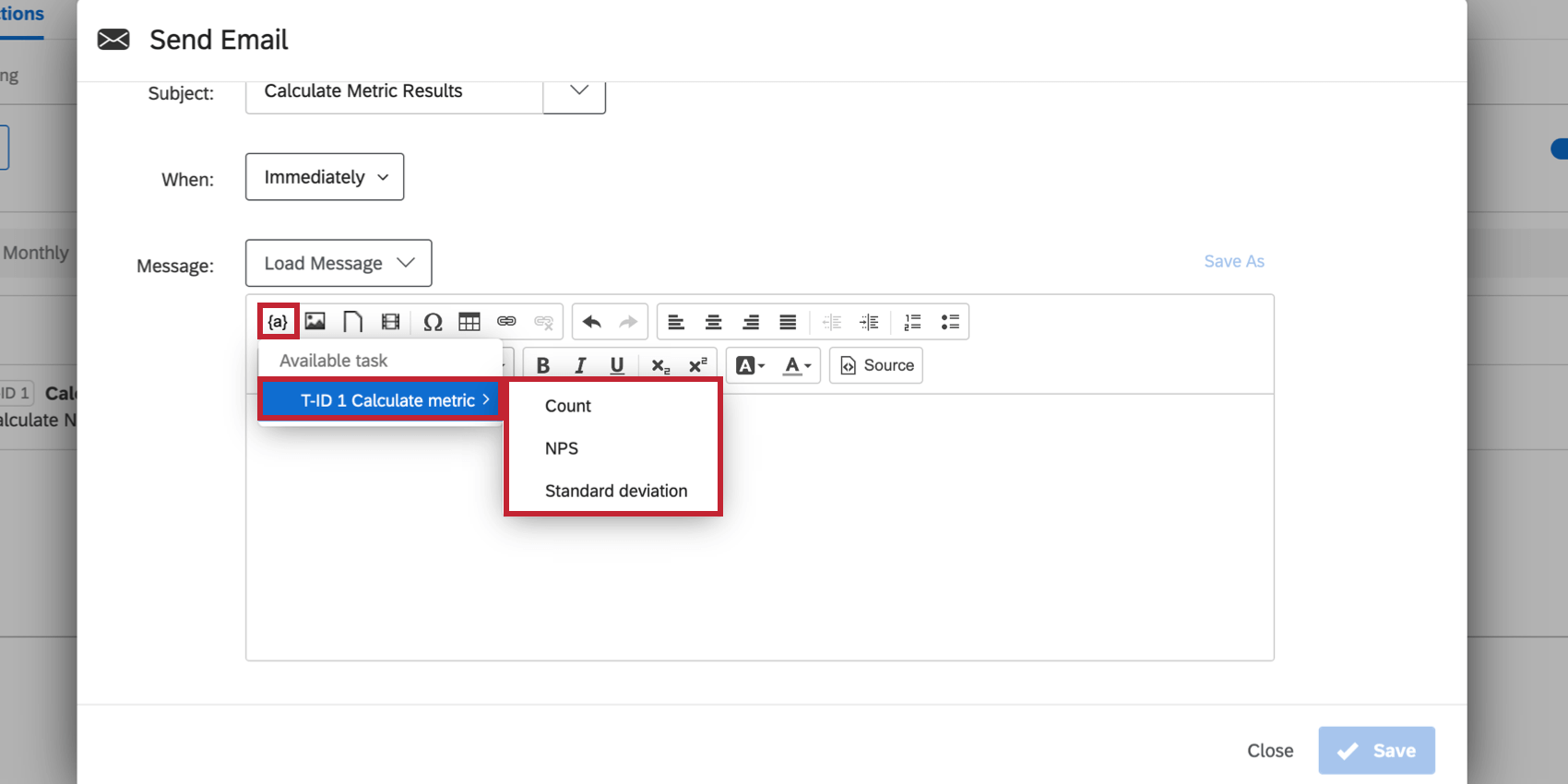 Adding calculate metric information via piped text in an email task