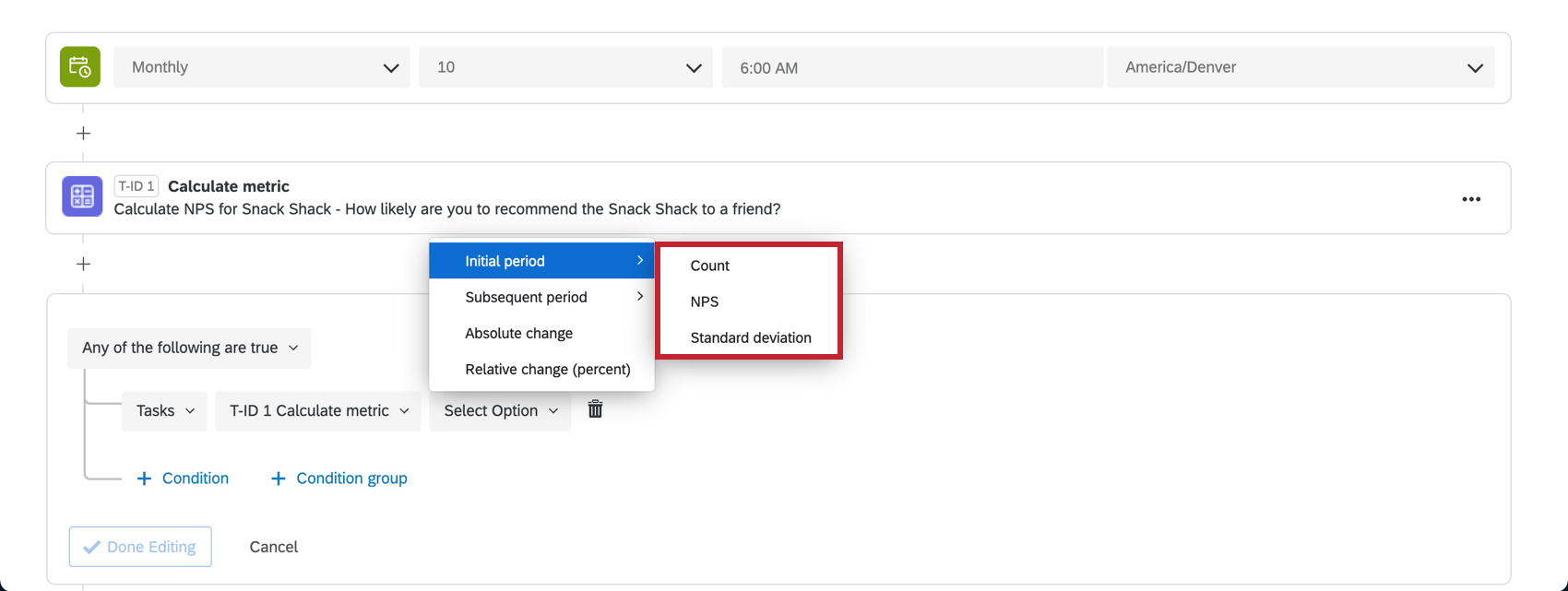 Additional options when hovering over the Initial and Subsequent Period metric