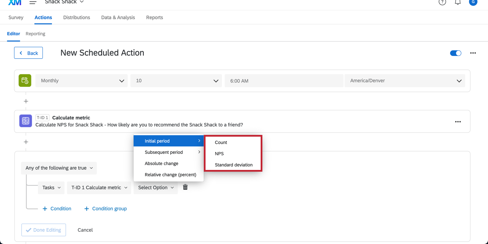 Additional options when hovering over the Initial and Subsequent Period metric