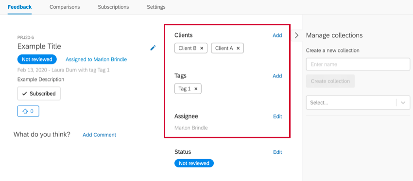 a seção de clientes e tags de uma solicitação de feedback