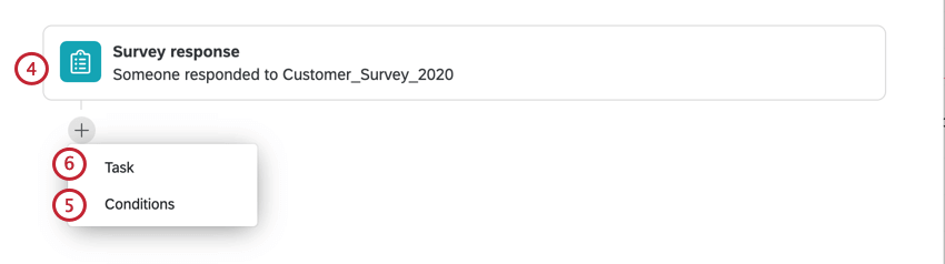 choosing the survey event, adding conditions, and choosing the task