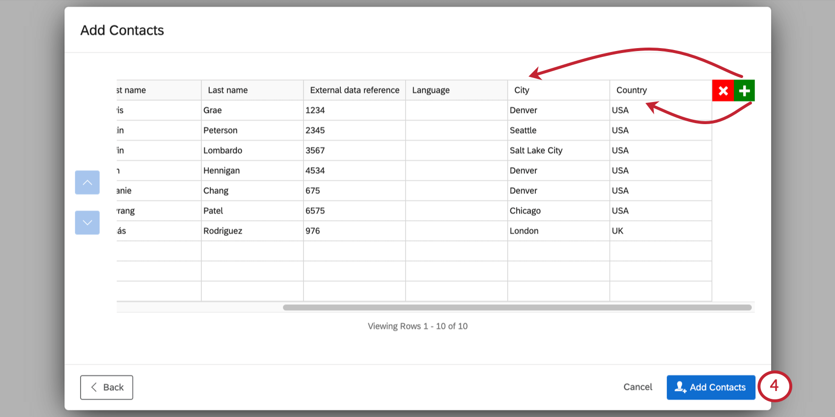 Green plus sign results in additional columns called City and Country. Add Contacts button in green on bottom-right
