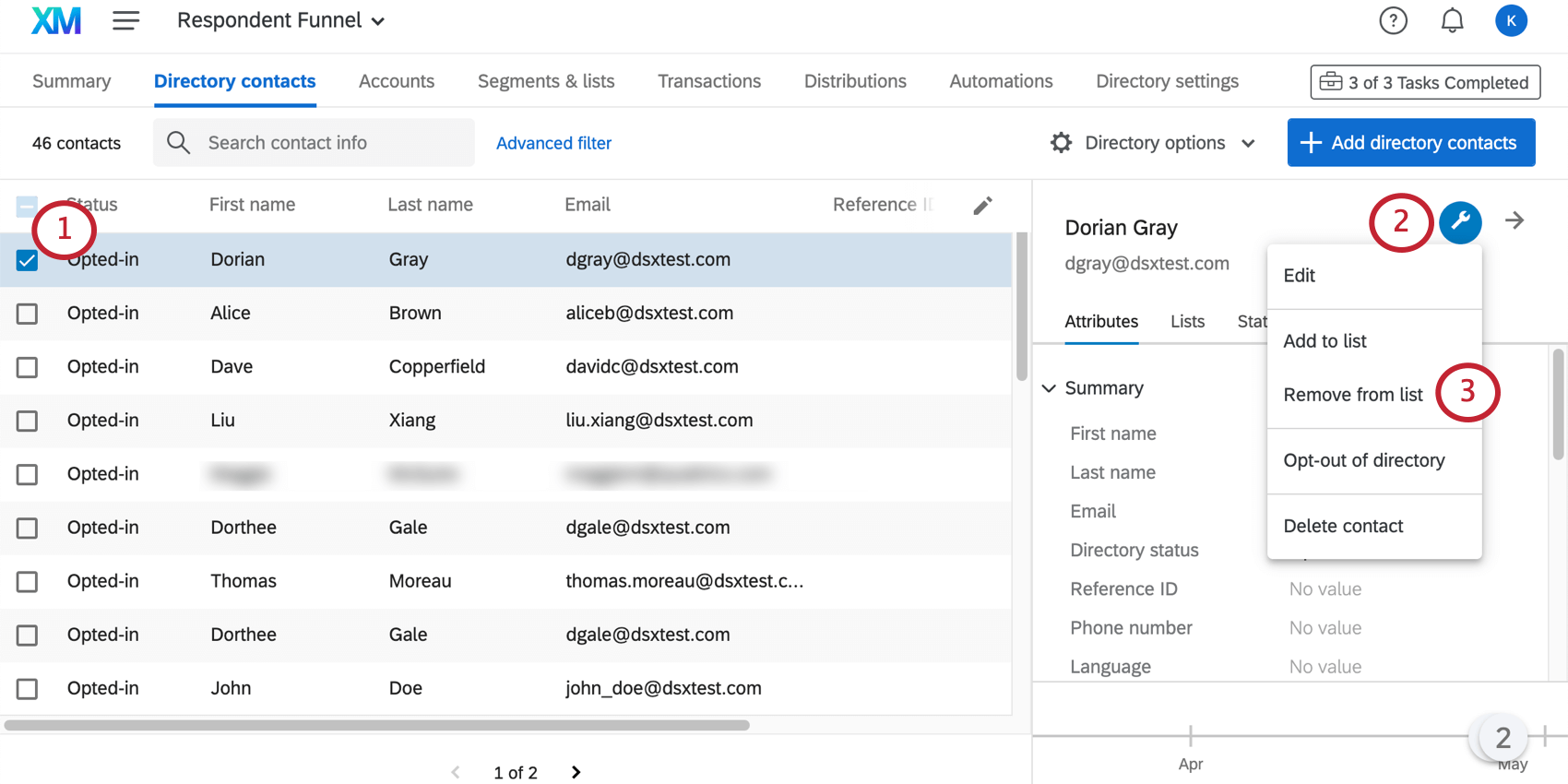 One contact is selected and the dropdown to the far-right reveals the option for Adding and Removing from Lists