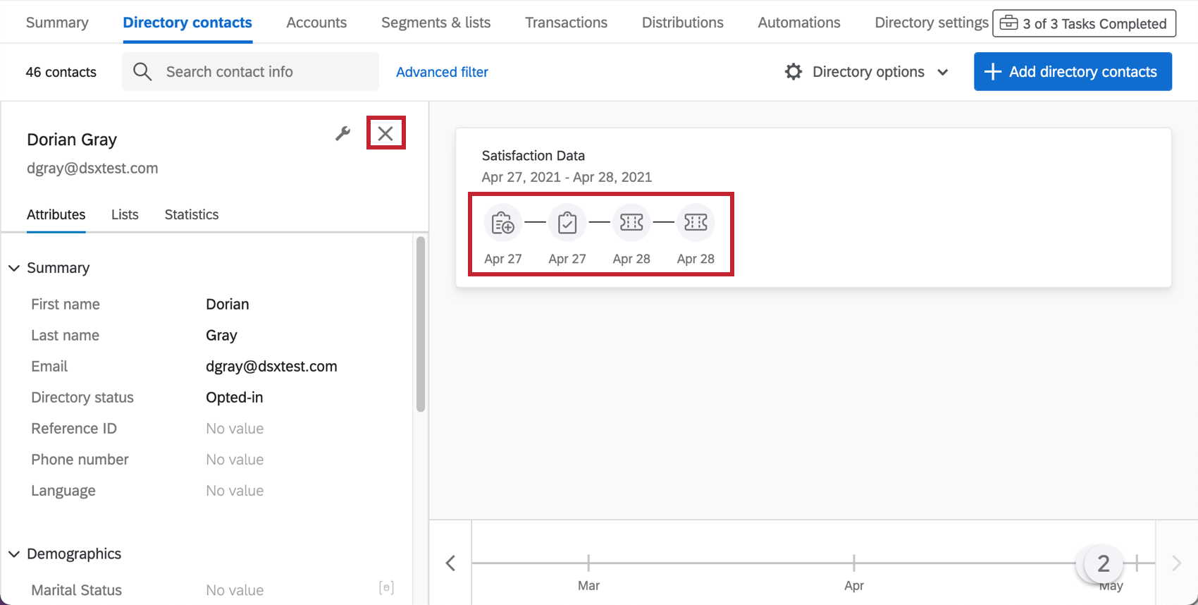 Image shows a contact's touchpoint timeline expanded, so you can see icons listed on the date of contact