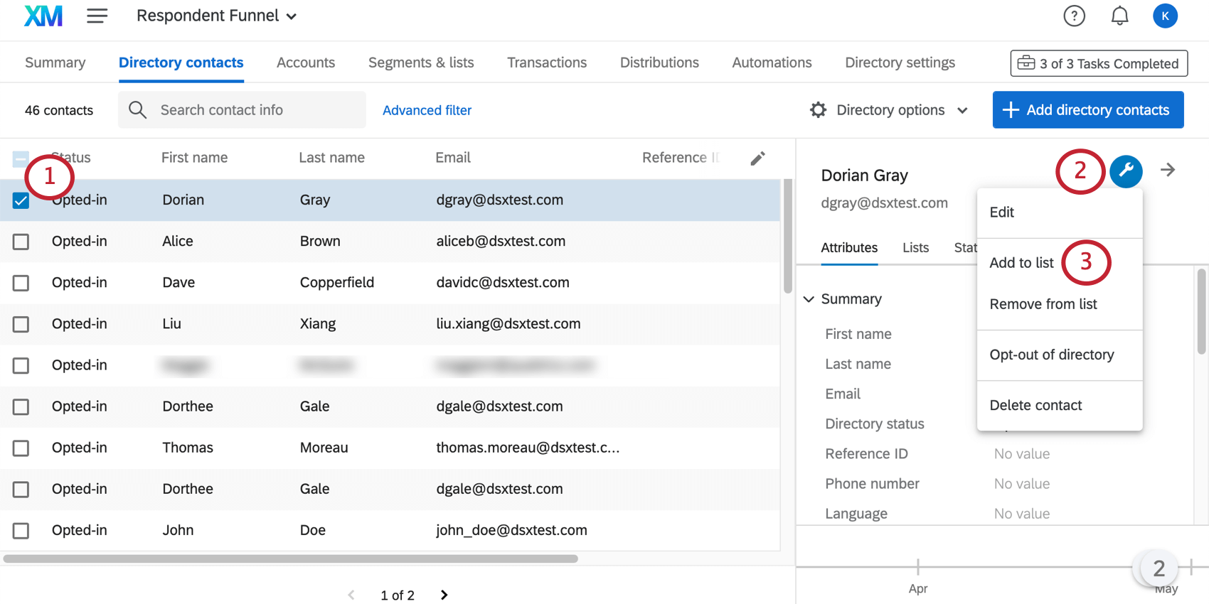 One contact is selected and the dropdown to the far-right reveals the option for Adding and Removing from Lists