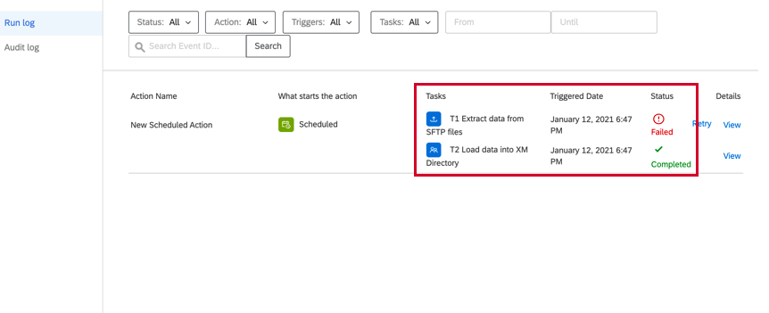 la section de reporting. La tâche dextraction a échoué mais la tâche de chargement a réussi.