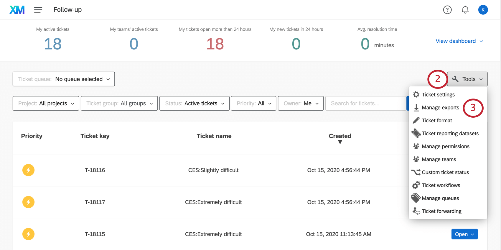In the tickets app, the tools menu is expanded