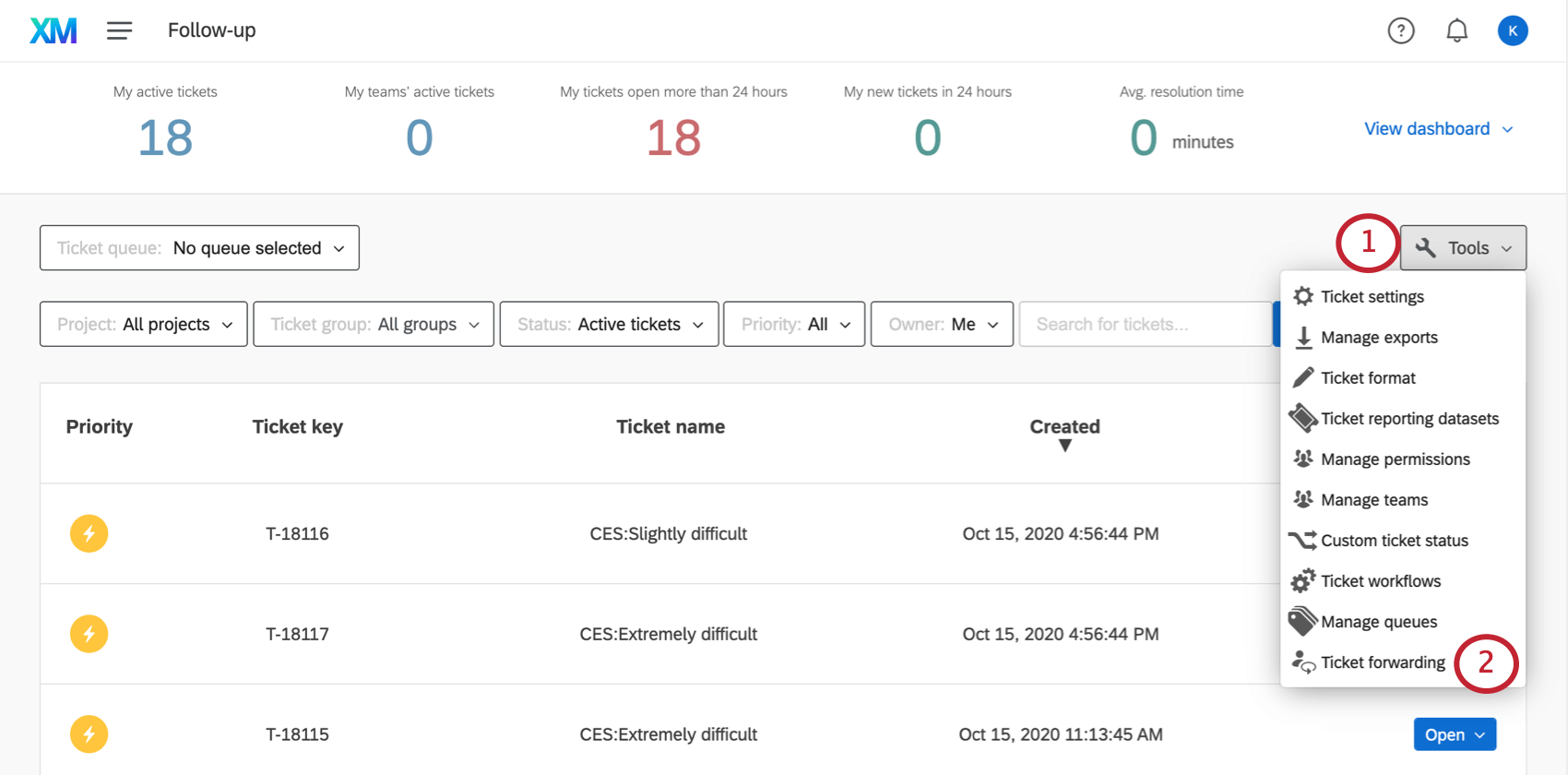 Opening tools on the ticket follow up page