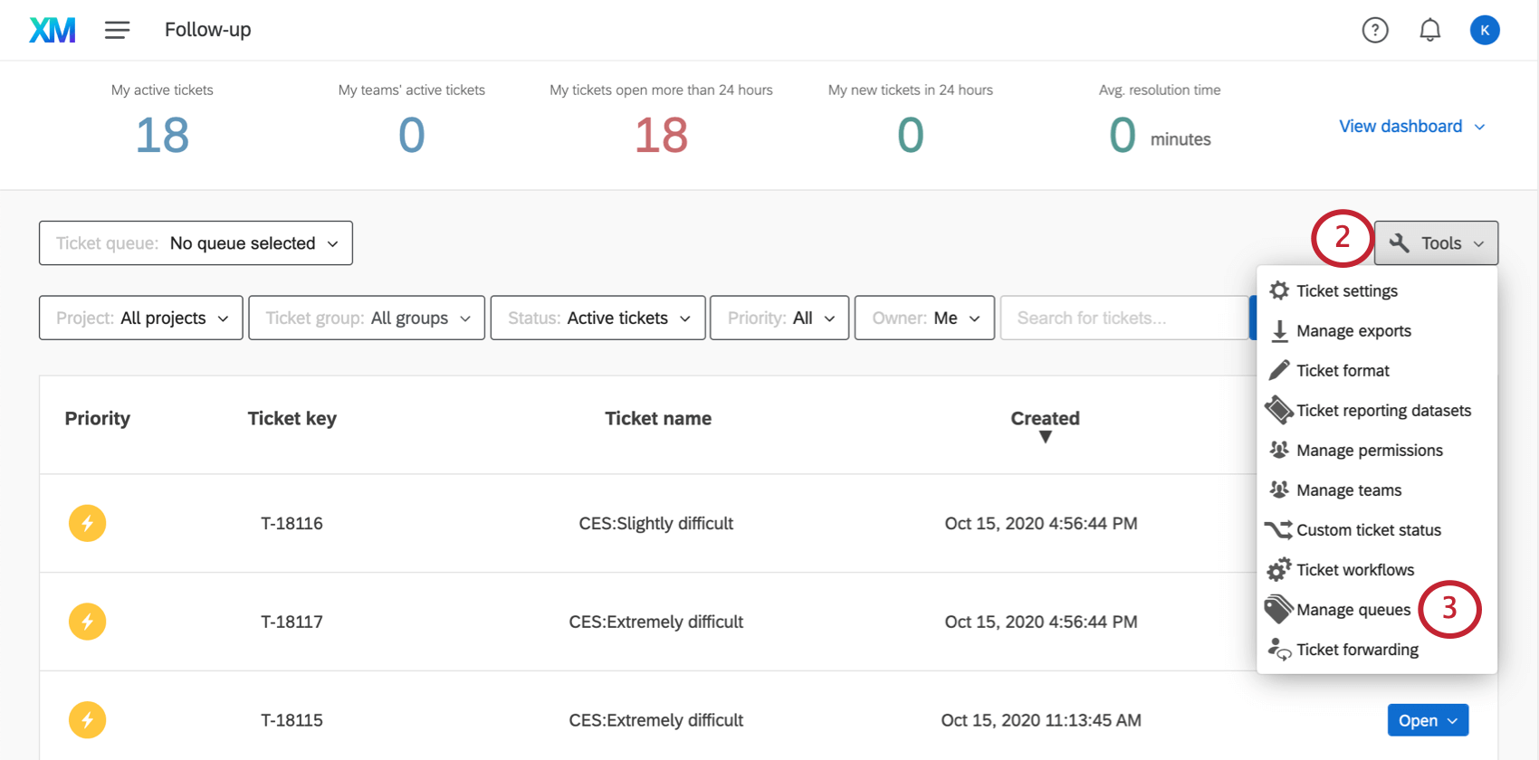 Manage Queues under the far-right Tools dropdown