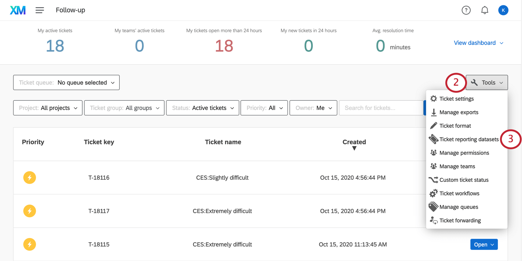 Una vez en la página Generación de tickets, abra el menú Herramientas. Los conjuntos de datos de informes de tickets son la cuarta opción