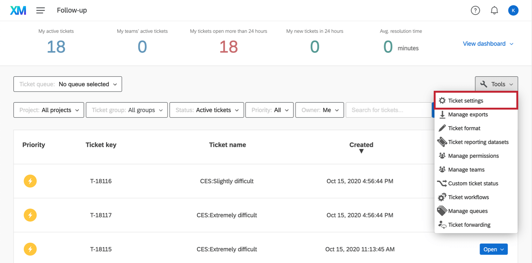 Ticket Settings option under far-right Tools dropdown