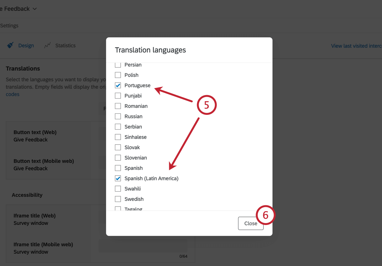 Selecting languages to add to the translations tab