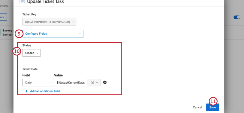 using the configure fields menu to select fields, then determining what the fields should be updated to before saving