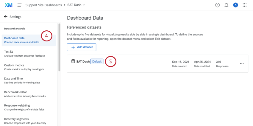 dashboard data page shows referenced datasets. here there is just one, so we click its name