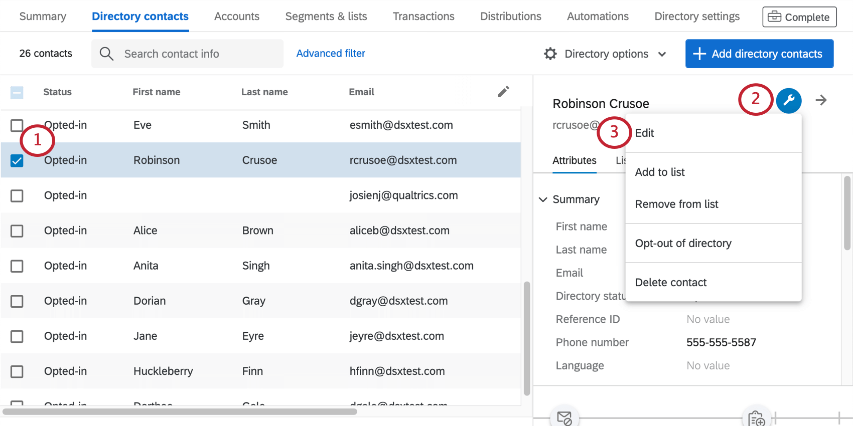 Picture of selecting a contact, opening wrench menu, selecting edit