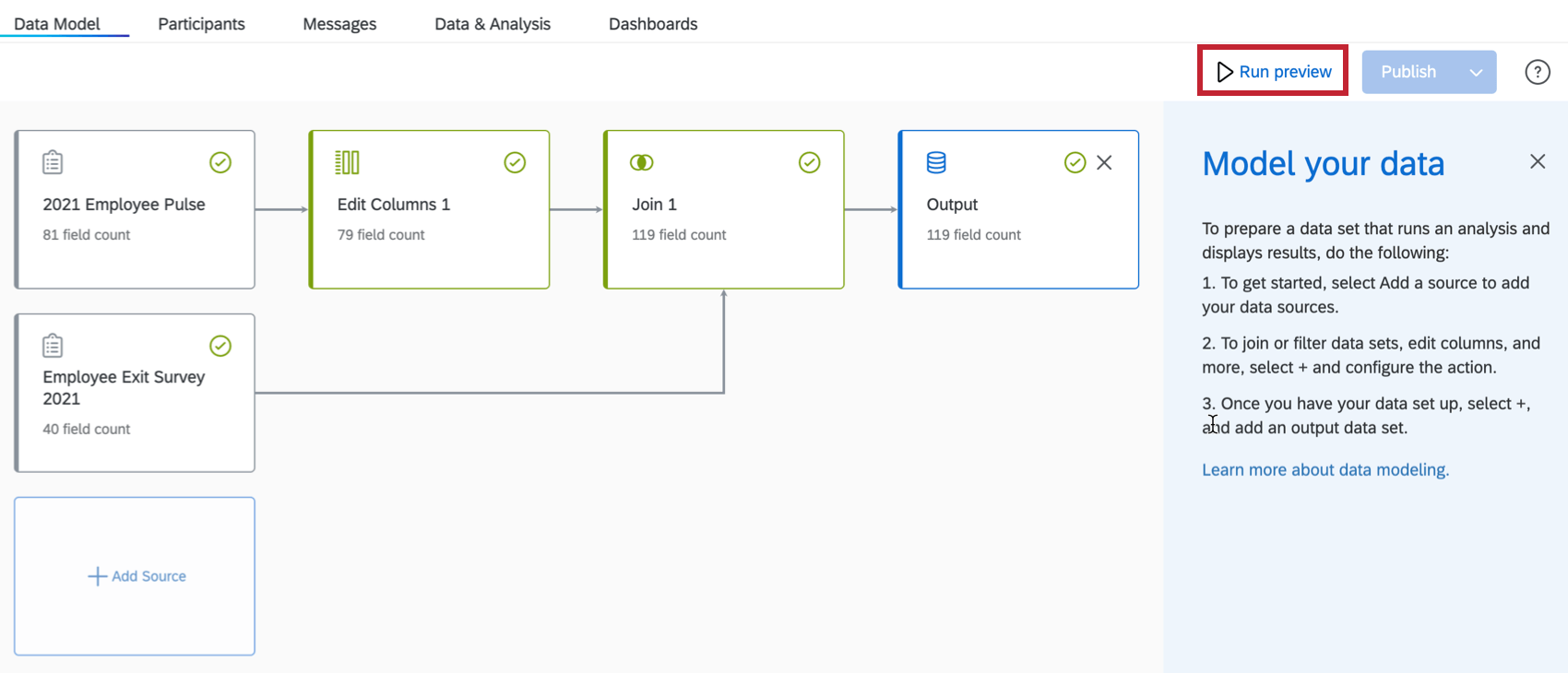 esecuzione dellanteprima del modello di dati